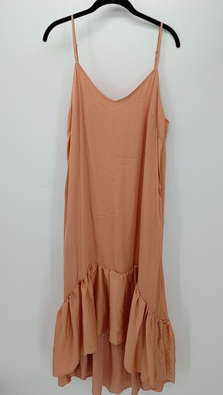 Ruffle Hem Maxi Slip Dress Peach Medium Boho Romantic Adjustable Strap